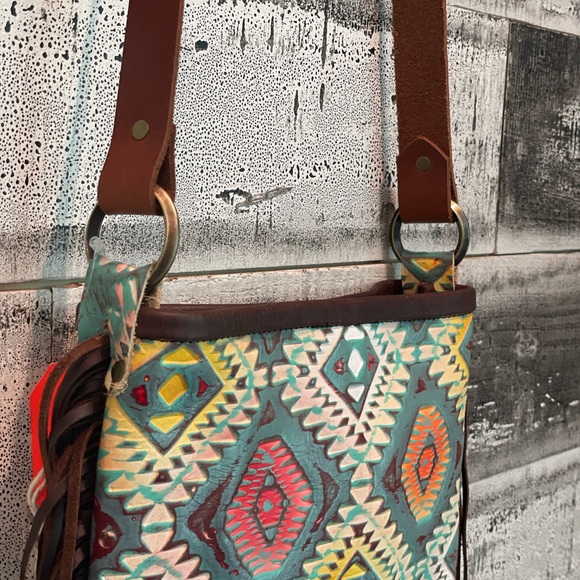 Aztec print with fringe crossbody purse with adj strap leather USA made - Picture 5 of 14